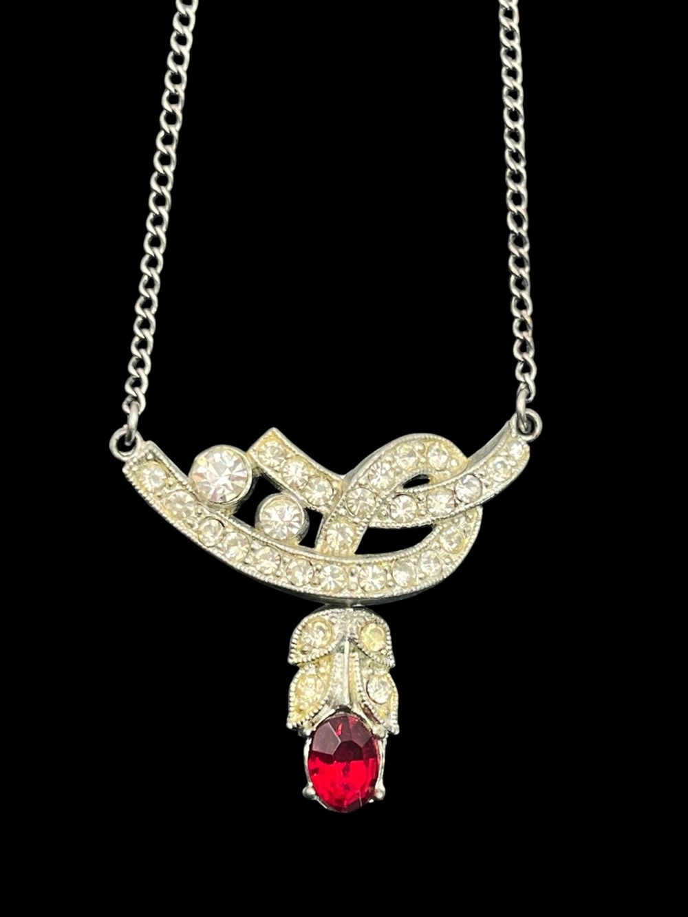Art Deco style silver tone clear & red rhinestone dangle necklace vintage